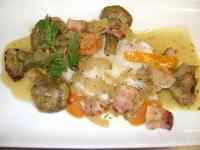 Turbot en barigoule d'artichaut violet et lard paysan